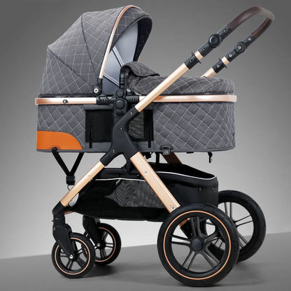 Lightweight folding multi-function baby cart with iron pipe frame, high landscape seat, 15kg load, in khaki or grey