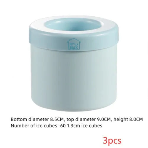 Blue-green silicone ice bucket mould with lid showing 9cm diameter and 8cm height dimensions