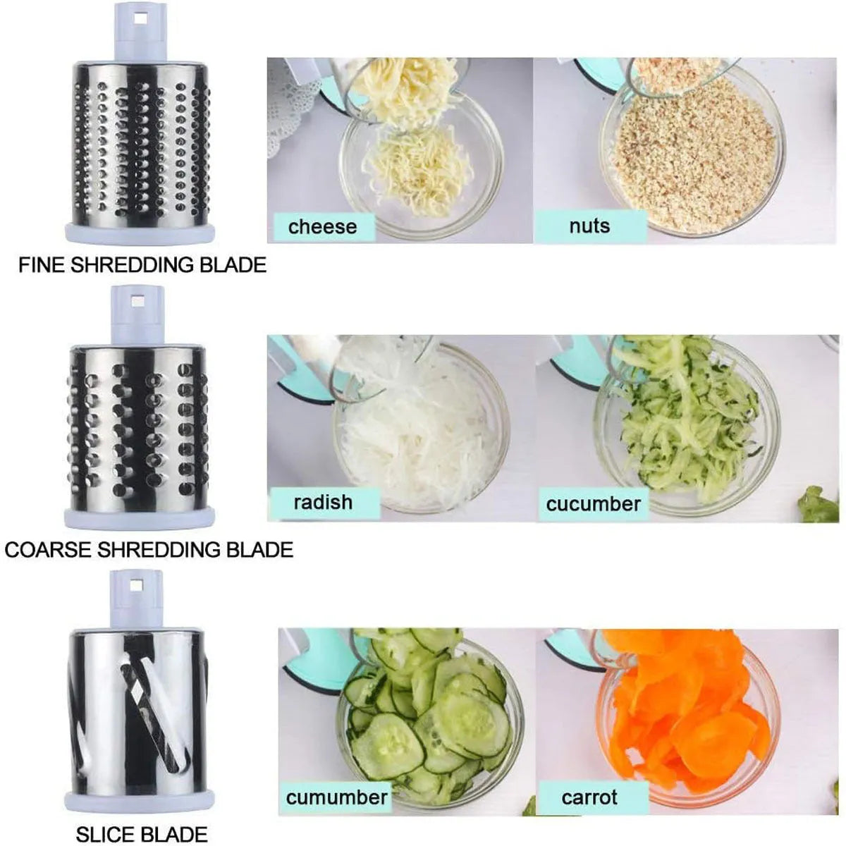 Blue multifunctional round mandoline vegetable slicer and cheese grater with stainless steel blades on a kitchen counter.