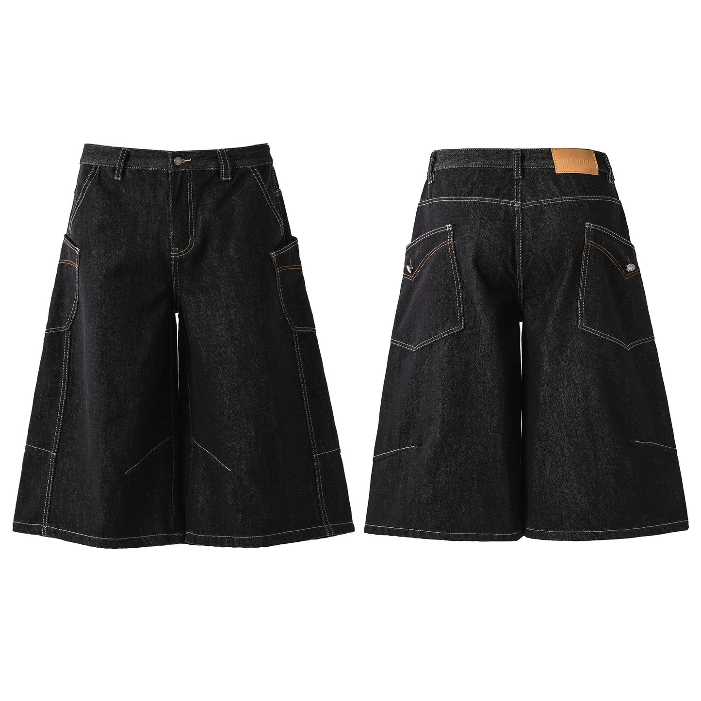 Black retro washed cropped denim trousers for men on a hanger