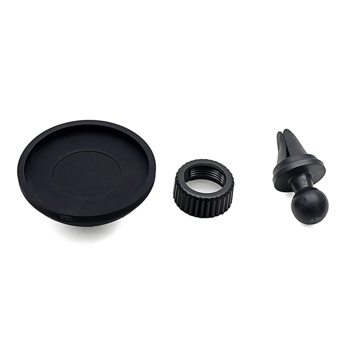 Black plastic car magnetic mobile phone holder showing air vent and base bracket mounting options