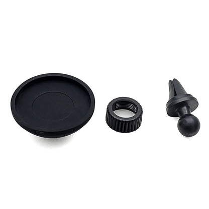 Black plastic car magnetic mobile phone holder showing air vent and base bracket mounting options