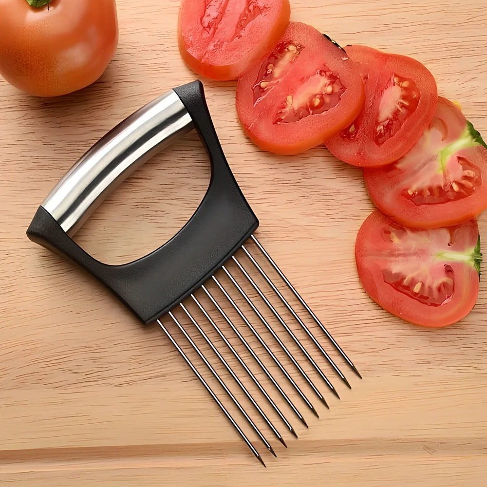 Stainless steel onion holder with black ABS handle for slicing and meat tenderising