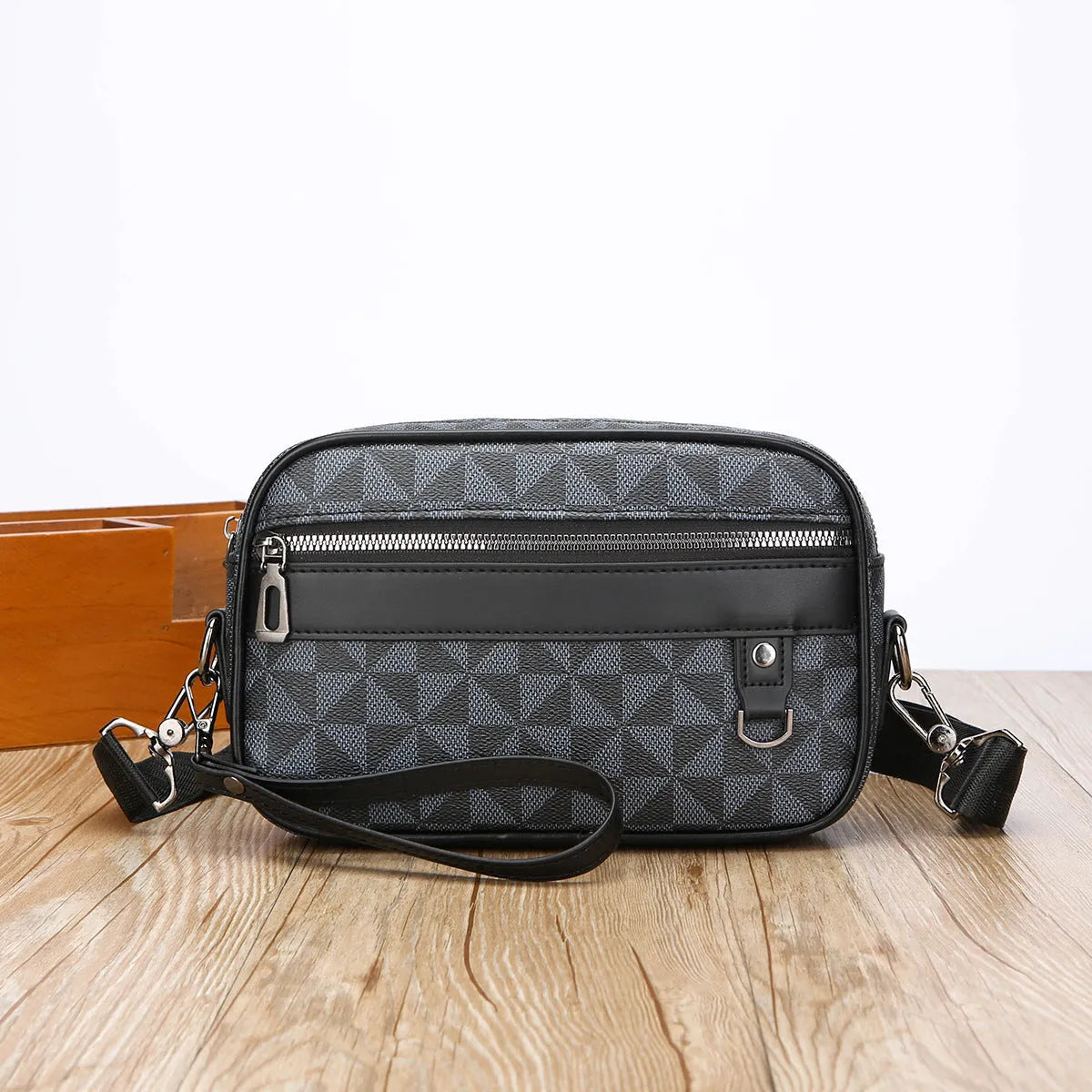 Men's casual geometric pattern messenger bag in PU leather with large capacity.