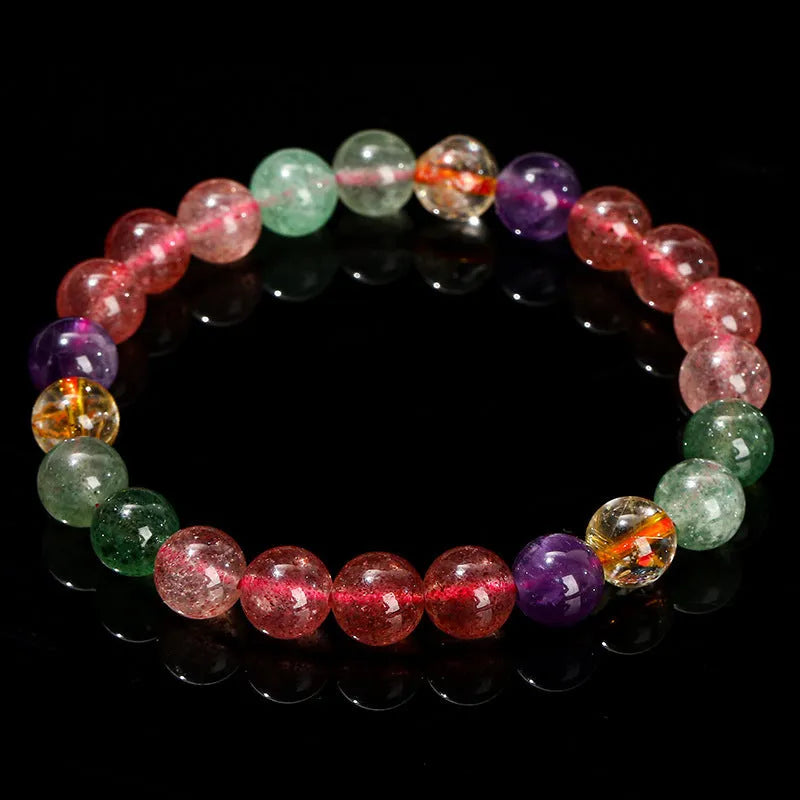 Natural strawberry quartz women's bracelet with round geometric beads in 7mm, 8mm, 9mm sizes.