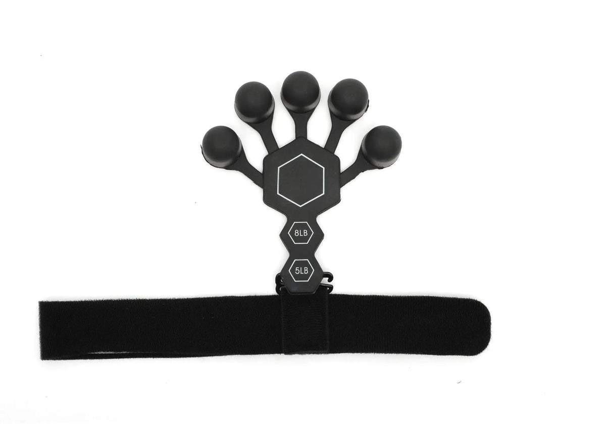 Black and grey silicone 5-finger rehabilitation hand trainer for adult fitness and strength training