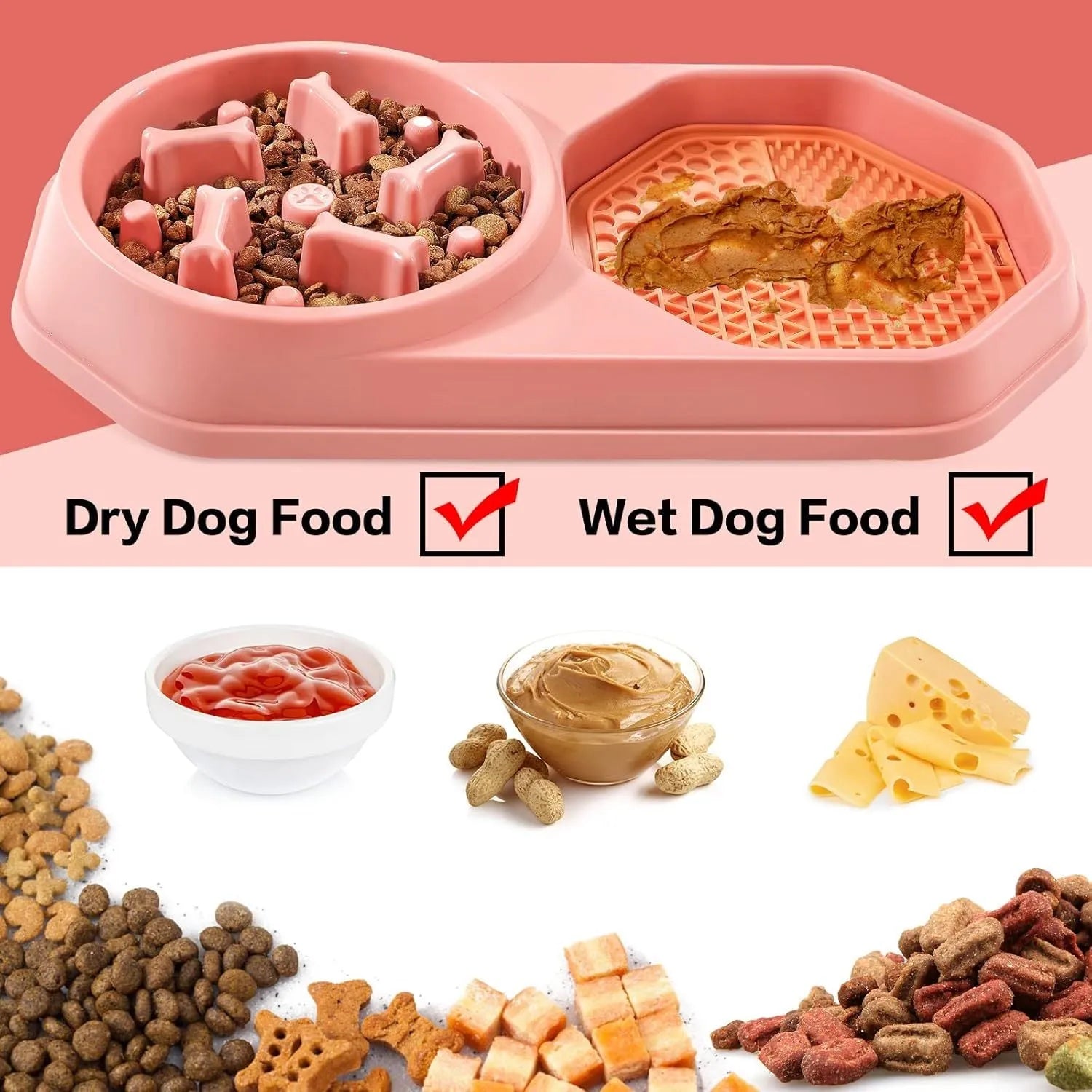 Blue slow feeder dog bowl with maze pattern and non-slip pads on a wooden floor.