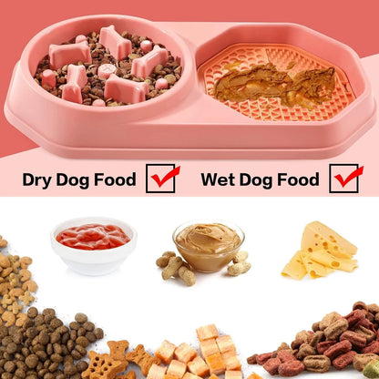 Blue slow feeder dog bowl with maze pattern and non-slip pads on a wooden floor.
