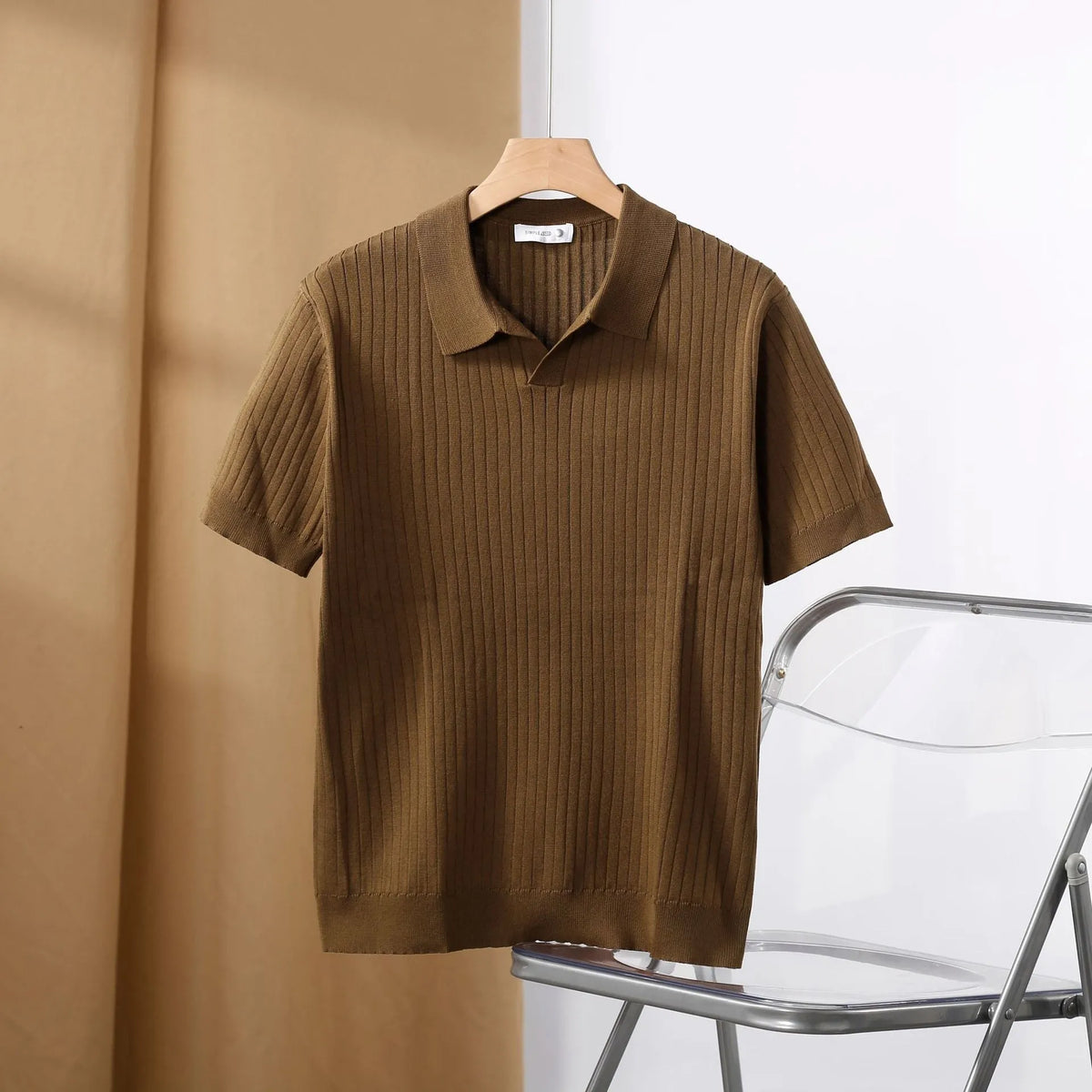 Striped jacquard sweater top and trousers set with American lapel and short sleeves, shown in black pants and brown top