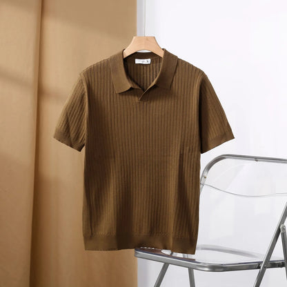 Striped jacquard sweater top and trousers set with American lapel and short sleeves, shown in black pants and brown top