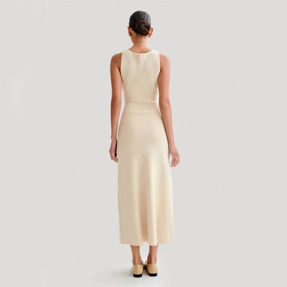 Sleeveless knit dress in apricot and blue colors, showcasing a slim, flattering silhouette and premium polyester construction