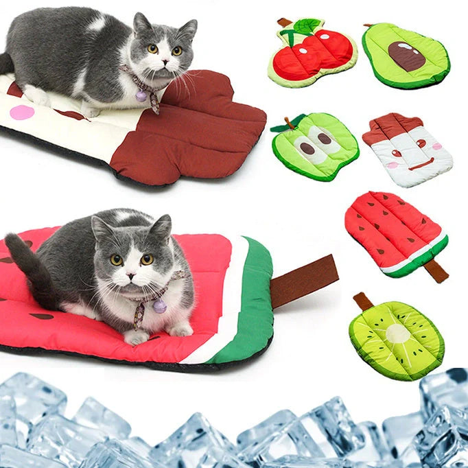 Ice silk pet cooling mat in various fruit designs for dogs and cats