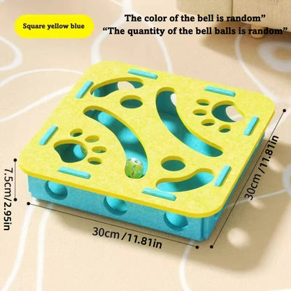 Interactive felt cat puzzle toy with maze tunnel, pathways, and bell ball, available in Circle or Square shape and four colours.