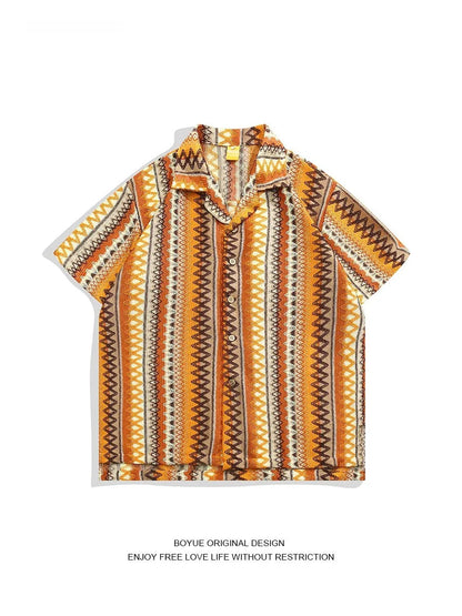 Ethnic woven shirt with contrasting colours and Cuban collar in loose fit with drop shoulders