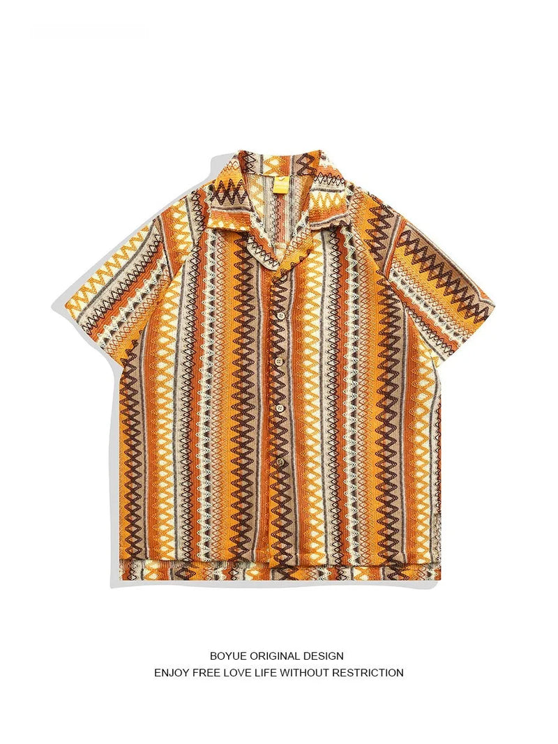 Ethnic style woven short sleeve shirt with Cuban collar in loose fit for summer wear, featuring contrasting colour design and drop-shoulder sleeves available in sizes M, L, XL, 2XL for teenagers seeking youthful trendy fashion