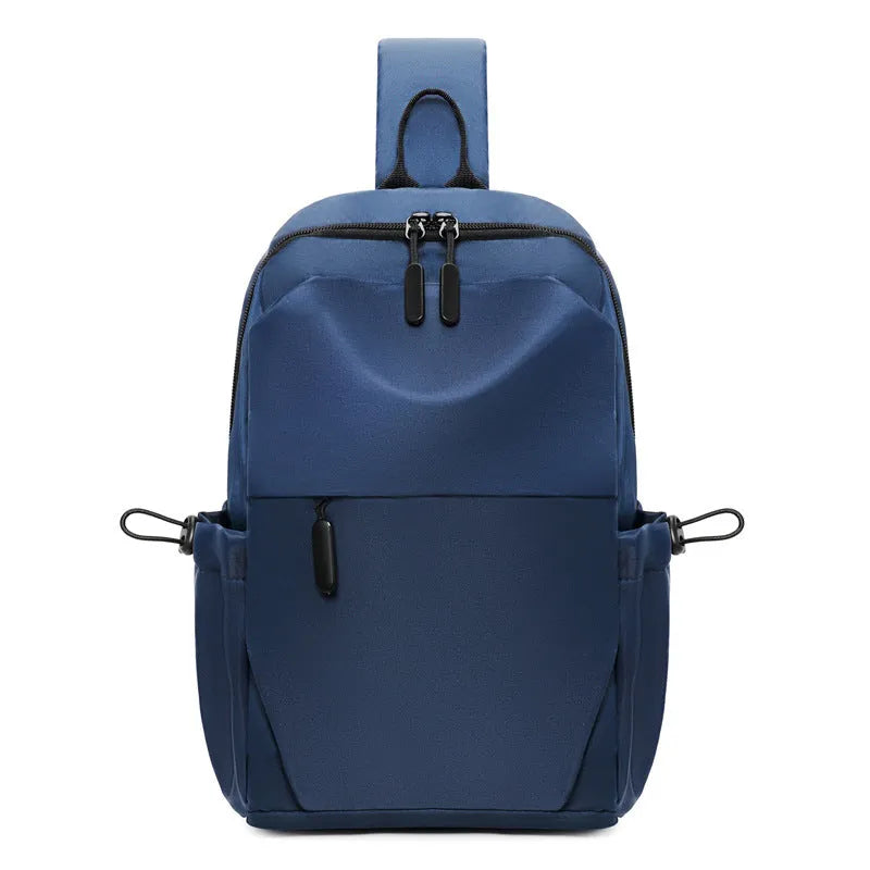 Men's waterproof messenger bag in grey showing front pocket and adjustable shoulder strap
