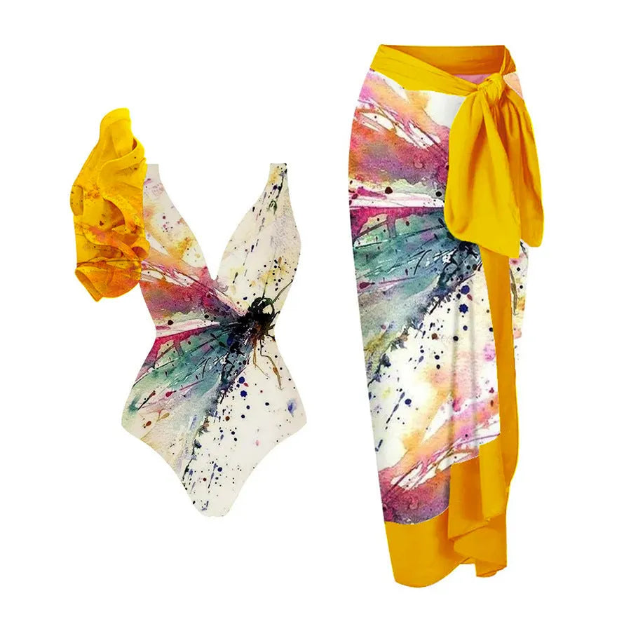 Yellow women's conservative one-piece swimsuit with belly coverage and brief style