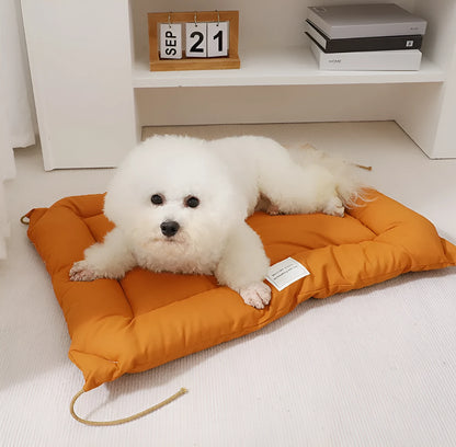 Beige cage cushion for dogs tied inside a metal crate, shown next to coffee and orange colour options.