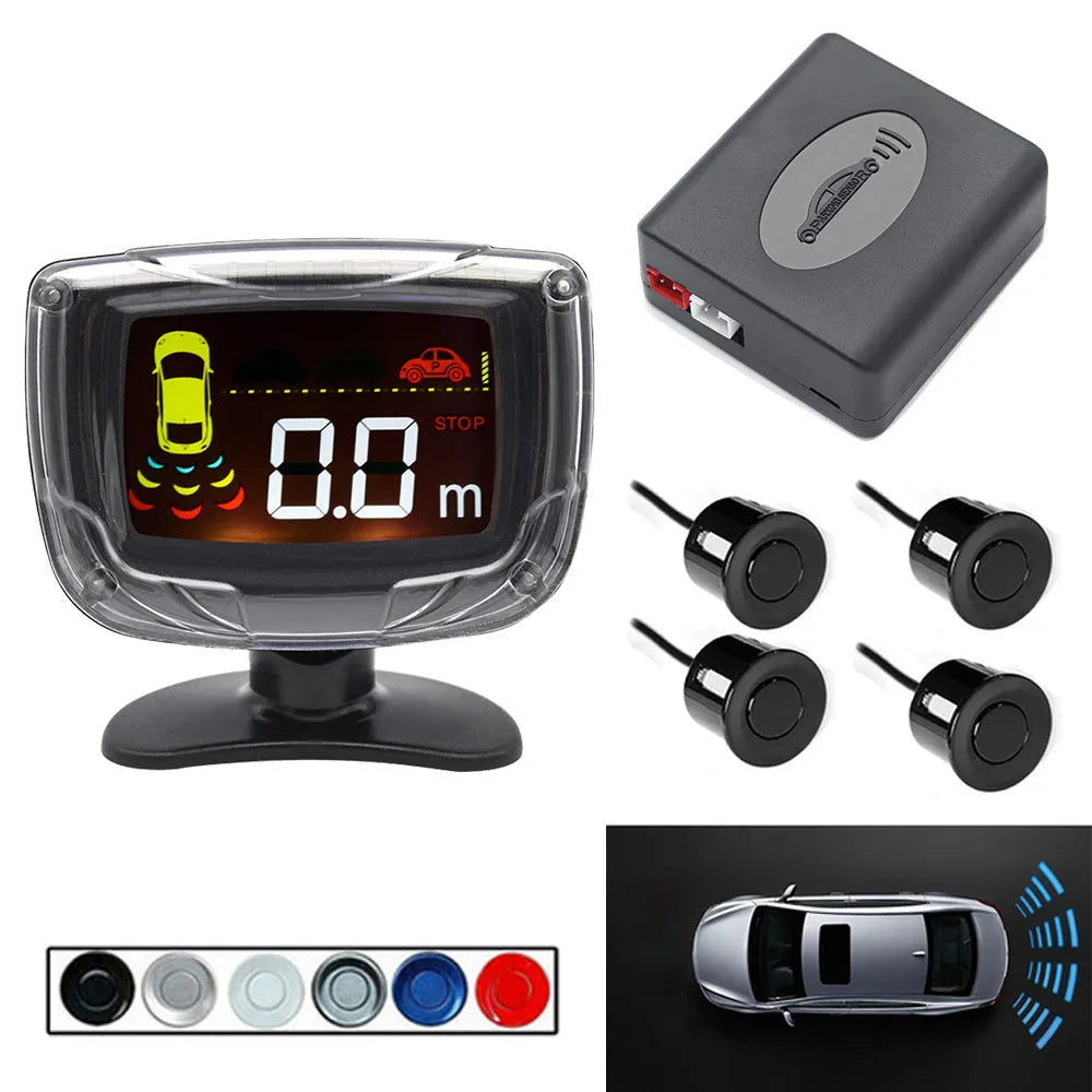 Wireless reversing sensor system showing main display unit, four embedded probes, and installation accessories.