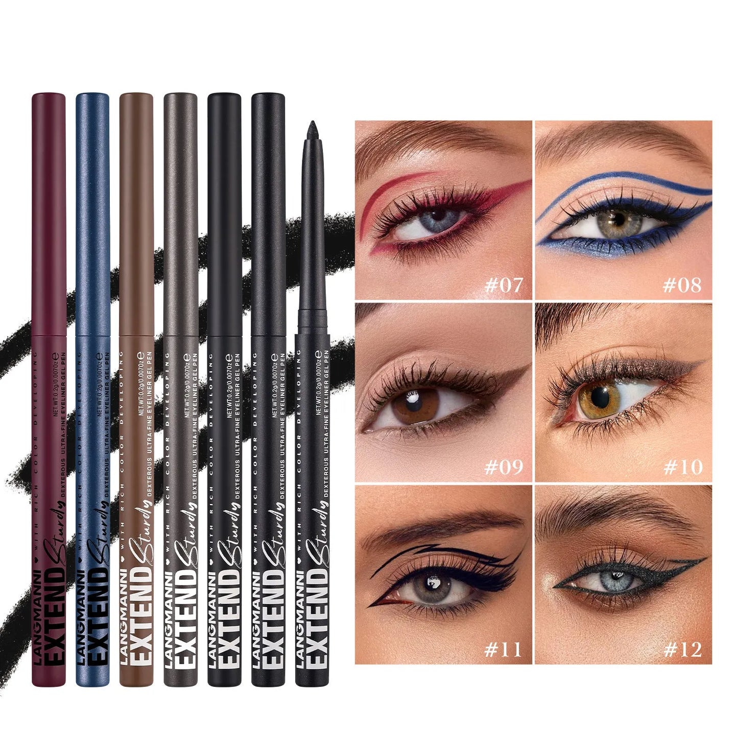 Set of 12 colourful gel glitter eyeliner pencils with matte metallic pearl finishes in waterproof smudgeproof formula