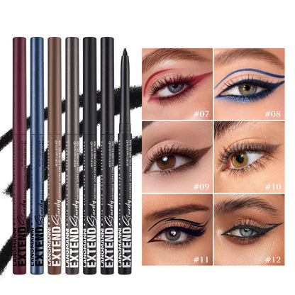 Set of 12 colourful gel glitter eyeliner pencils with matte metallic pearl finishes in waterproof smudgeproof formula
