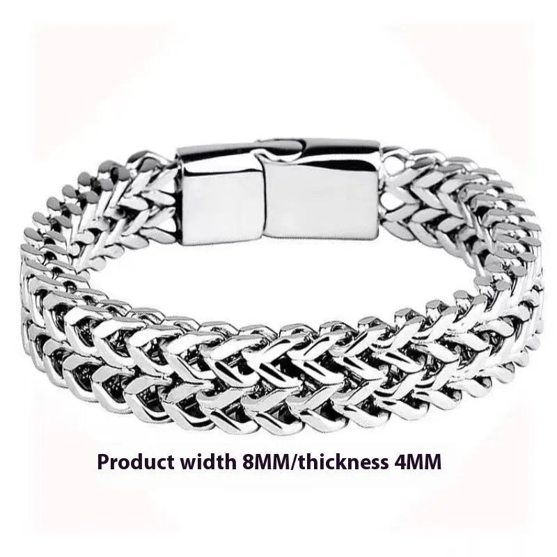 Silver stainless steel hip hop bracelet with geometric pattern showing front and back design