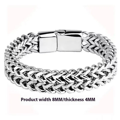 Silver stainless steel hip hop bracelet with geometric pattern showing front and back design