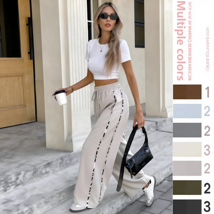 High waist loose straight casual pants with lace-up drawstring closure in army green colour