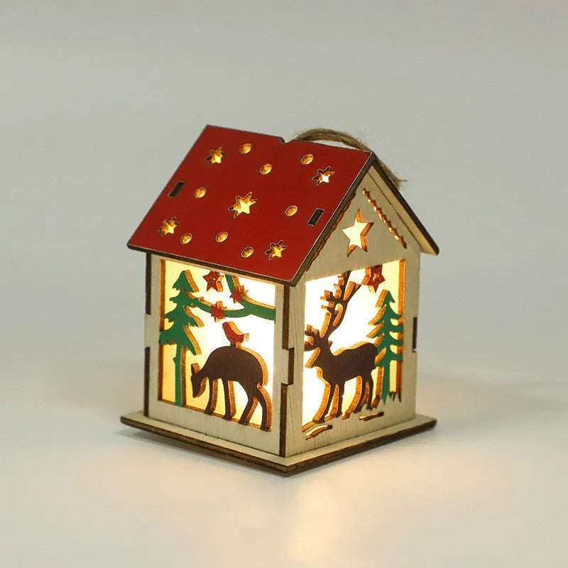 Wooden festive pendant with LED illumination in snowman, Santa Claus, or elk design measuring 7cm by 7cm by 9cm