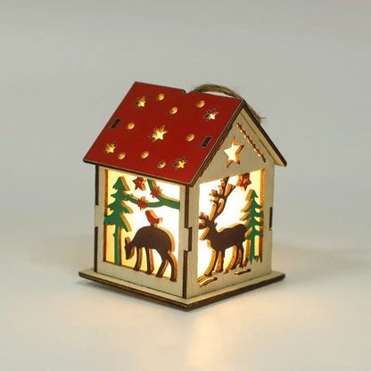 Wooden festive pendant with LED illumination in snowman, Santa Claus, or elk design measuring 7cm by 7cm by 9cm