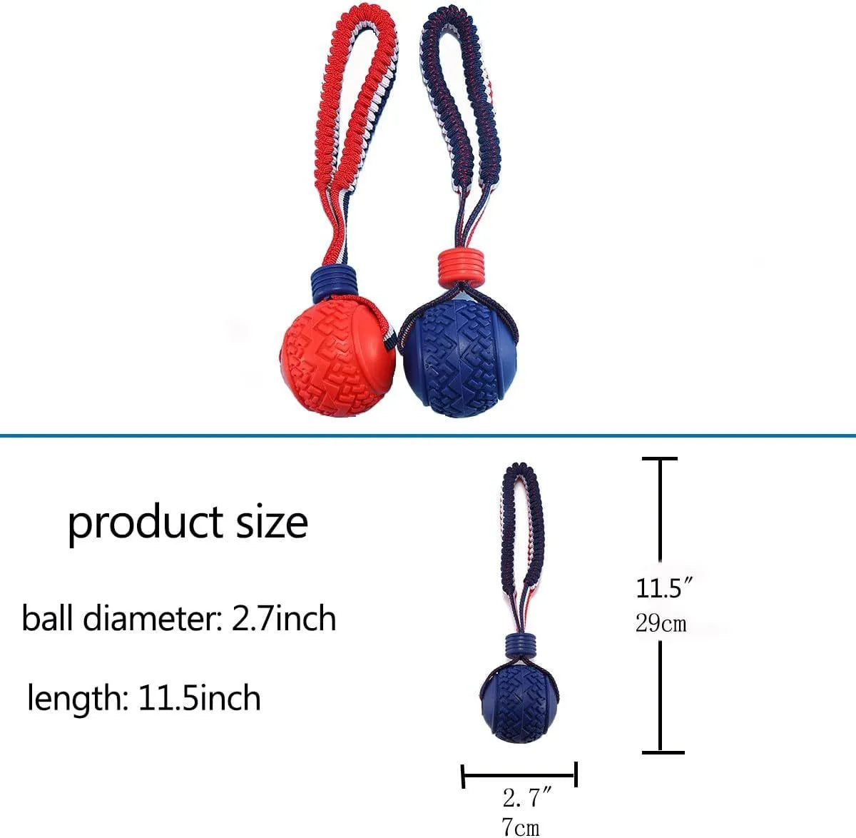 Blue dog ball with rope toy showing 6.5cm diameter textured rubber ball on 29cm rope for dental cleaning and tug-of-war