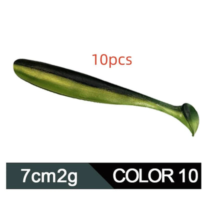 Soft plastic worm lure with a two-tone T tail, shown in one of its 14 colour options.