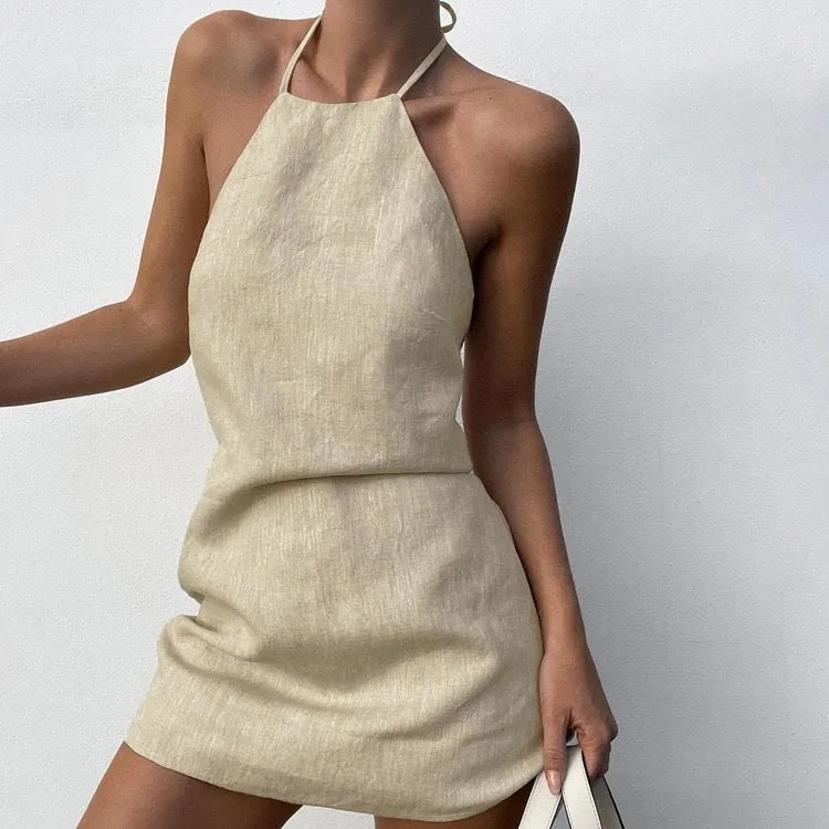 Women's solid colour cotton linen A-line summer dress in S M L sizes