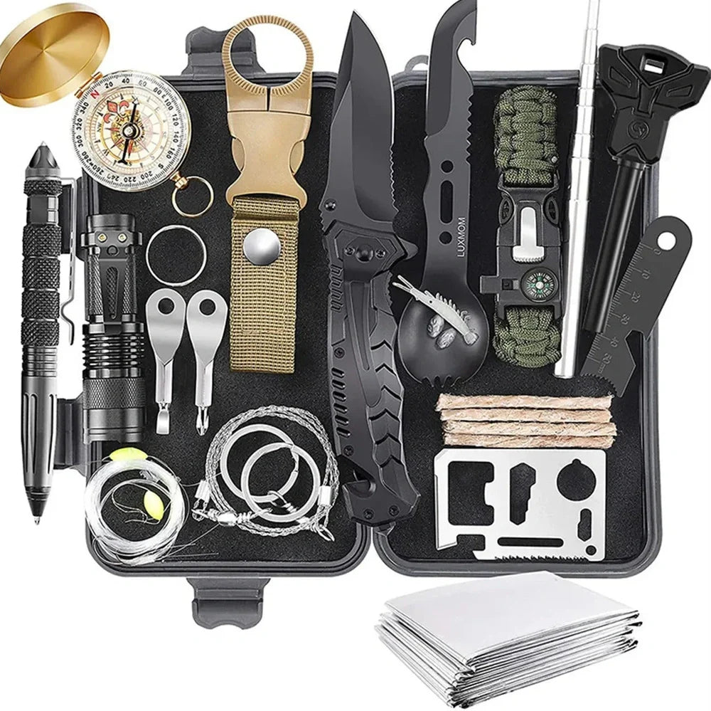 Outdoor survival kit with alloy tools and plastic components in multiple colour options