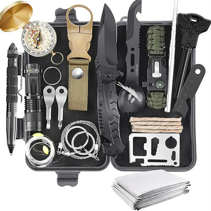 Outdoor survival kit with alloy tools and plastic components in multiple colour options