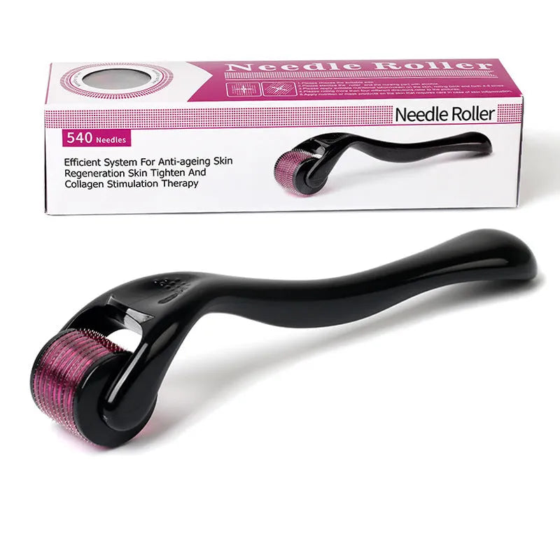 Derma roller with titanium microneedles showing six needle length options from 0.2mm to 1.0mm
