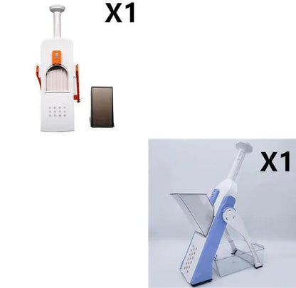 Orange multifunctional vegetable cutter kitchen tool with mandoline blades on a countertop.