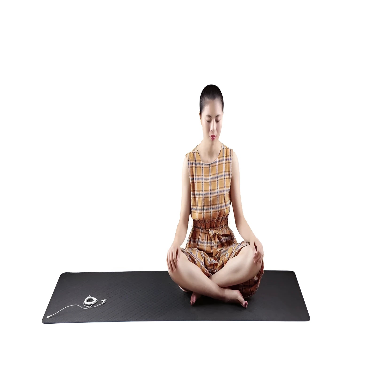 Blue conductive yoga mat with plants pattern, grounding wire, and non-slip surface, showing 182cm length and 5mm thickness.
