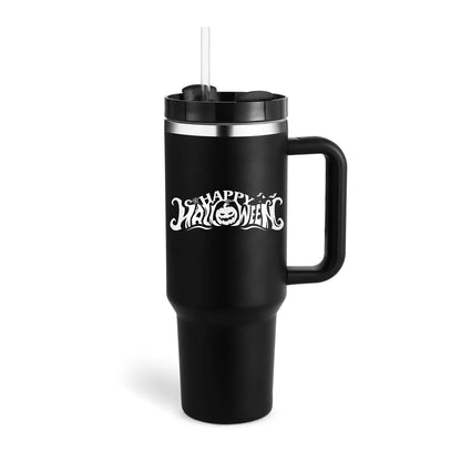 40oz stainless steel tumbler with handle and straw in various colour options showing tapered shape and spill-proof lid