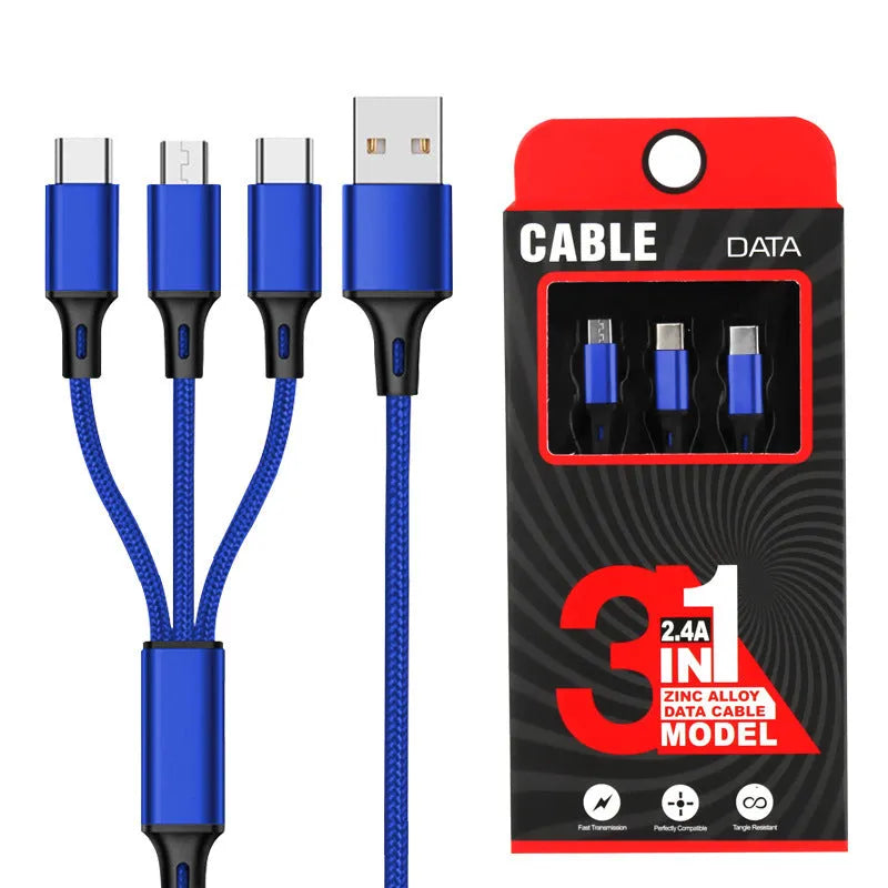 Red 3-in-1 nylon braided charging cable with three connector types on a 1.2m cord