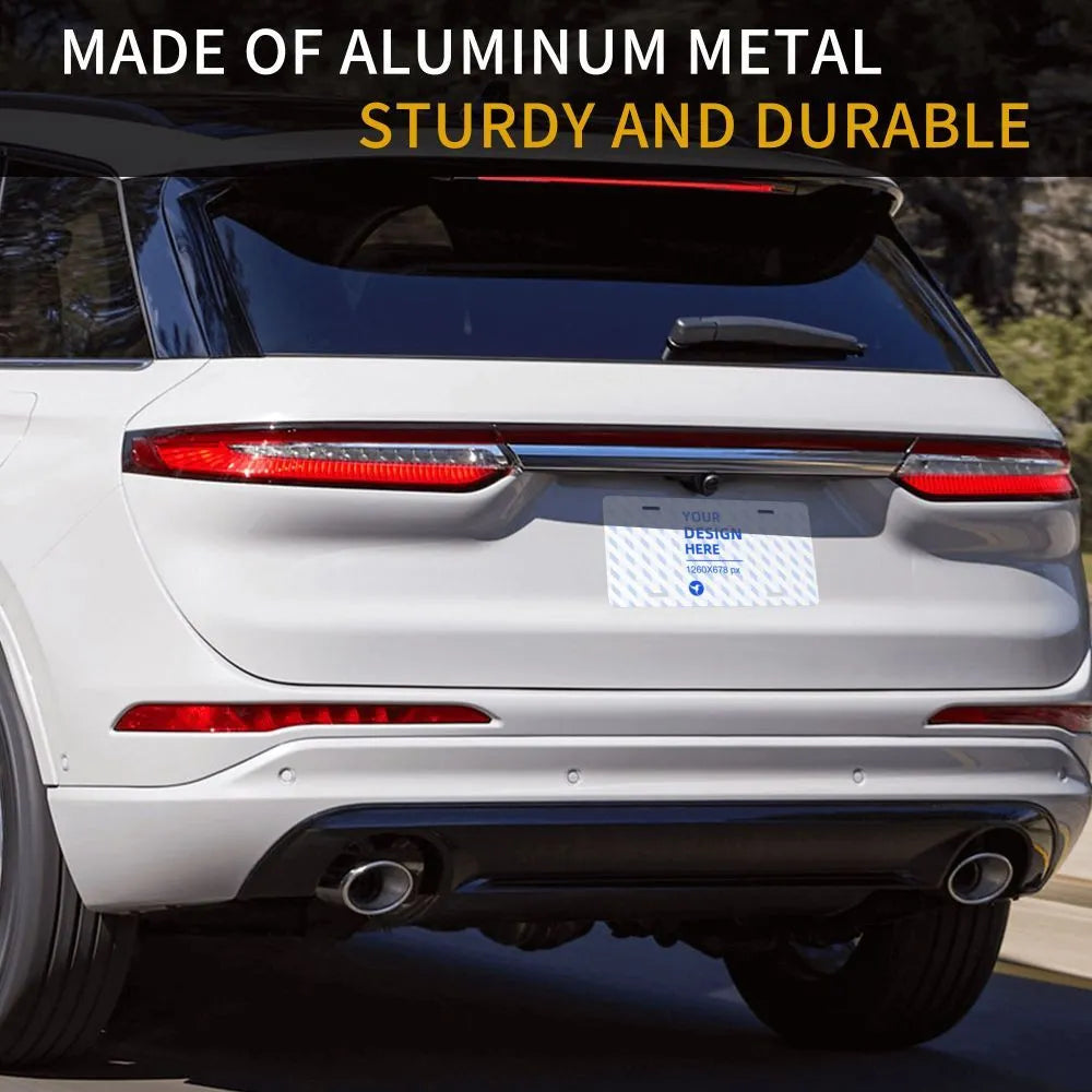 White aluminium front license plate with full-width custom printing area, one size, for cars and trucks