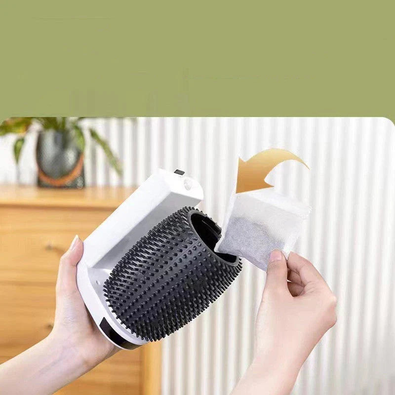 Automatic wall-mounted cat groomer with soft, gentle brushes for hands-free, self-grooming
