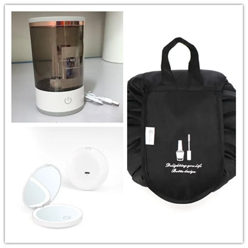 Grey and white portable electric makeup brush cleaner machine with USB charging cable