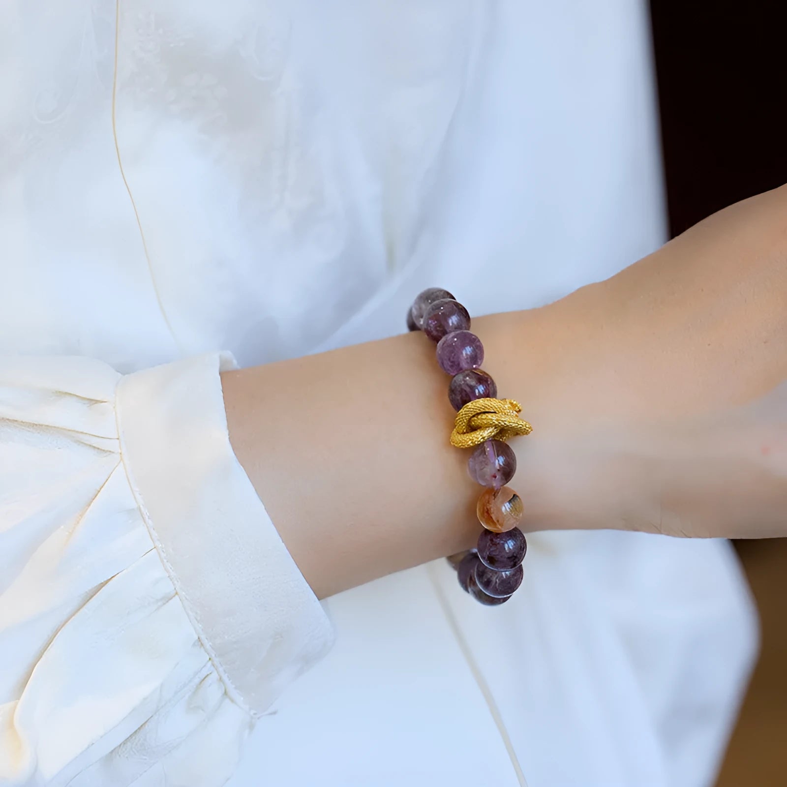 Purple ghost quartz bracelet with 10mm beads in retro unisex style