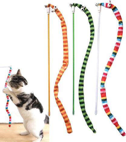 Interactive cat wand toy with a polycarbonate handle and a long green plush strip with a bell.
