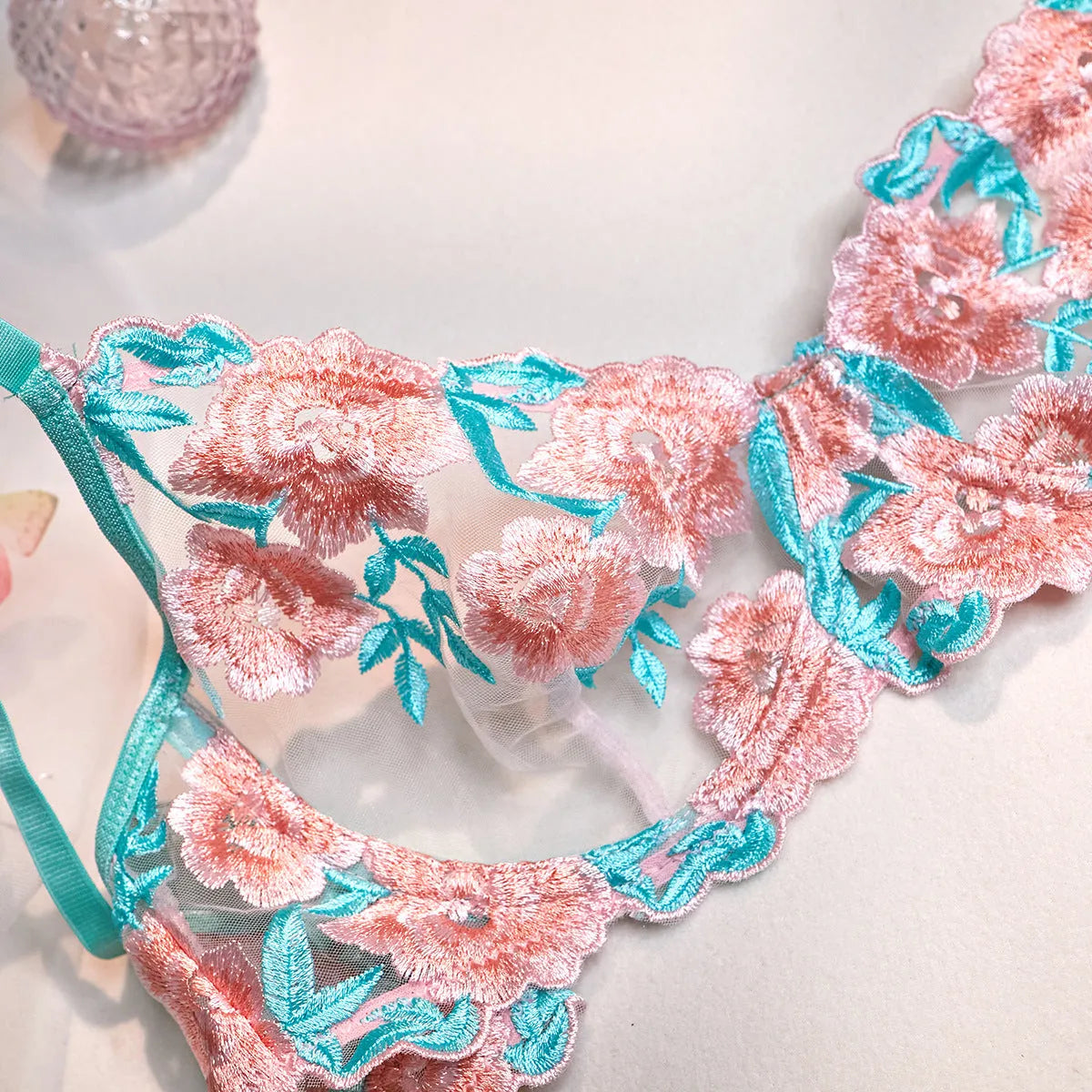 Pink embroidered mesh pettiskirt bikini set for women with matching bra and brief
