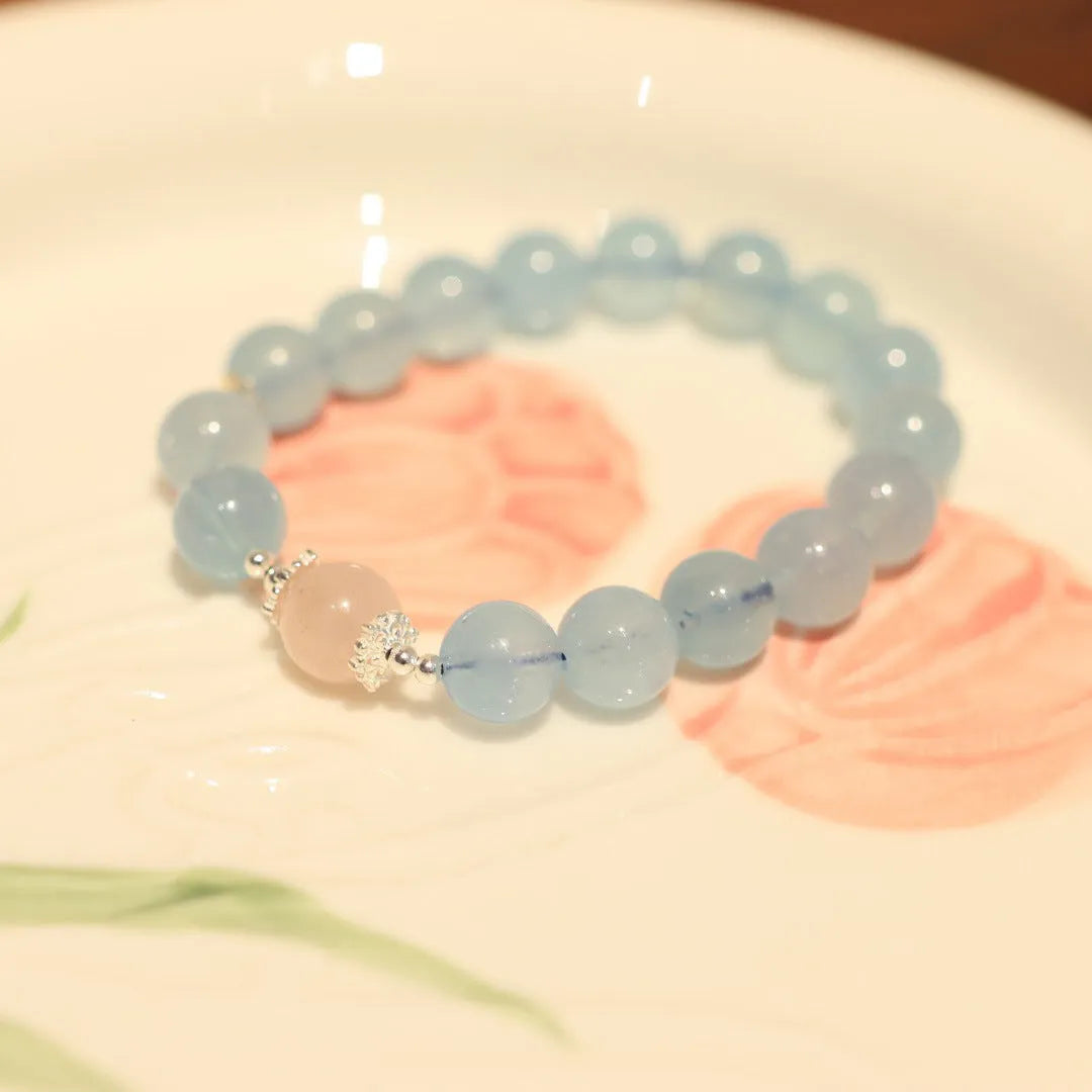Handmade DIY aquamarine and pink crystal bracelet with Chinese Fox charm for women