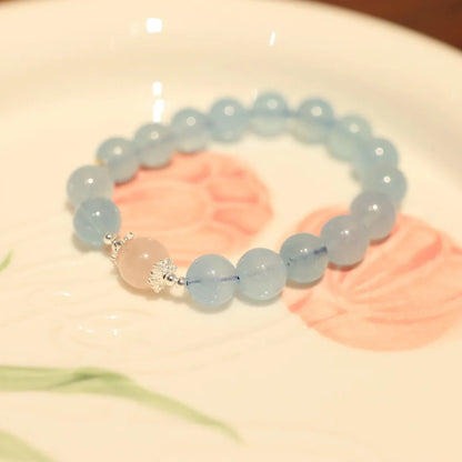 Handmade DIY aquamarine and pink crystal bracelet with Chinese Fox charm for women