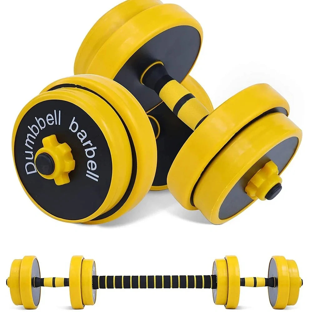 Yellow adjustable dumbbell barbell set with weight plates and connecting rod for home gym