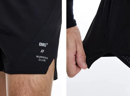 Men's black and blue stretch running shorts with laser punch stitching detail on the legs.